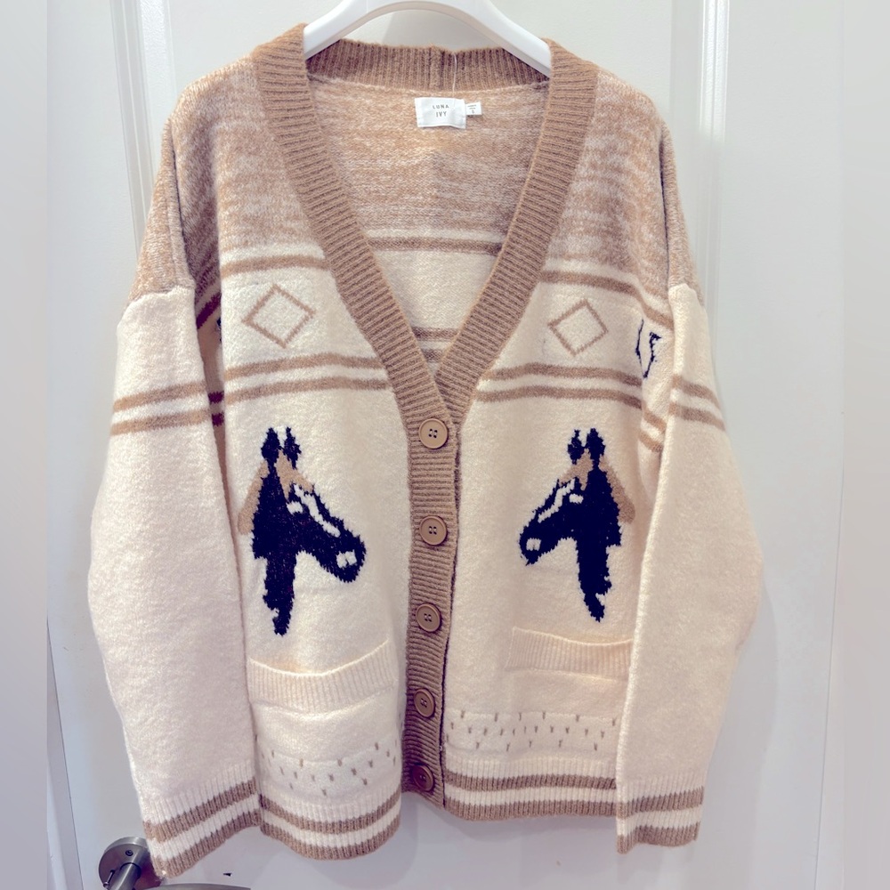 NWT Luna Ivy Cream and Tan Cardigan horse Sweater - S